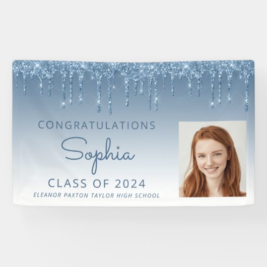 2024 Foto Blauw Glitter Drip Afstuderen Spandoek (Horizontaal)