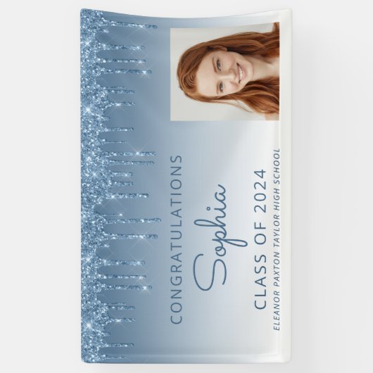 2024 Foto Blauw Glitter Drip Afstuderen Spandoek (Verticaal)