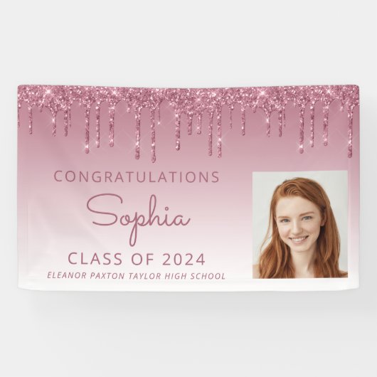 2024 Foto Bourgogne Glitter Drip Afstuderen Spandoek (Horizontaal)