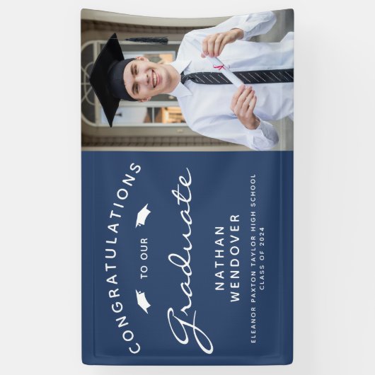 2024 Foto Navy Blauw en Wit Afstuderen Spandoek (Verticaal)