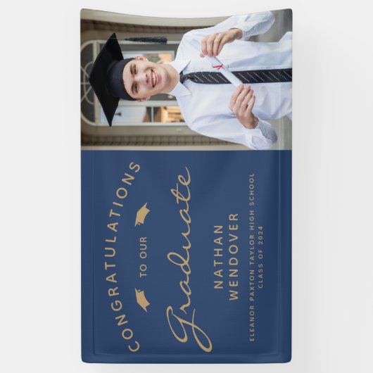 2024 Foto Navy Blauw Goud Afstuderen Spandoek (Verticaal)