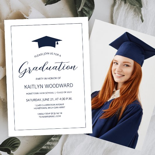 2024 Foto Navy Blue Pet Modern Graduation Party Kaart