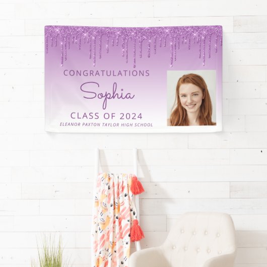2024 Foto Paarse Glitter Drip Afstuderen Spandoek (Insitu)