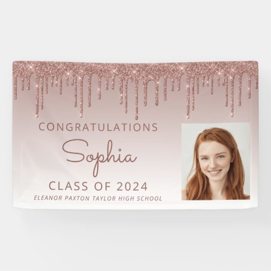 2024 Foto Roos Gold Glitter Drip Afstuderen Spandoek (Horizontaal)