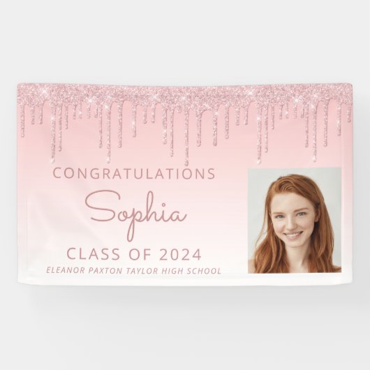 2024 Foto Roze Glitter Drip Afstuderen Spandoek (Horizontaal)