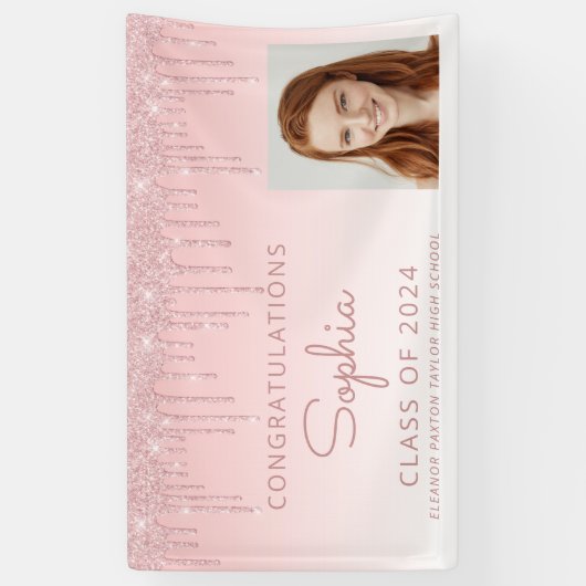 2024 Foto Roze Glitter Drip Afstuderen Spandoek (Verticaal)