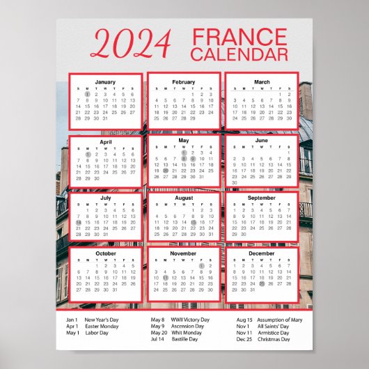 2024 Frankrijk Kalender in het Engels Download PDF Poster (Voorkant)