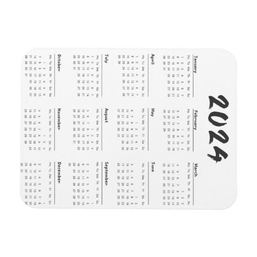 2024 Full Year Calendar Black And White Minimalist Magneet (Horizontaal)