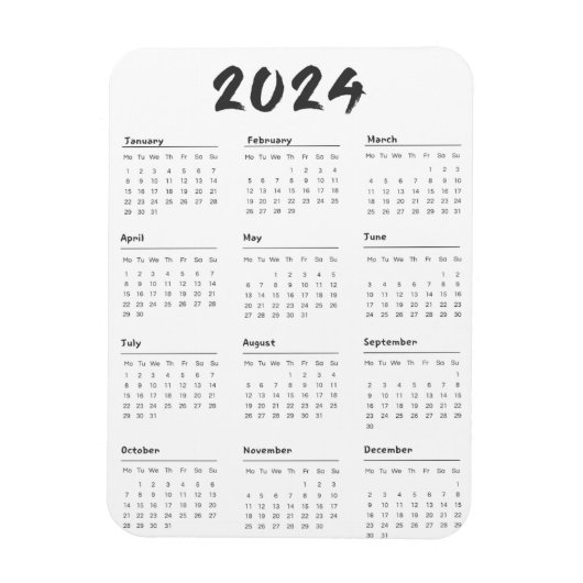 2024 Full Year Calendar Black And White Minimalist Magneet (Verticaal)