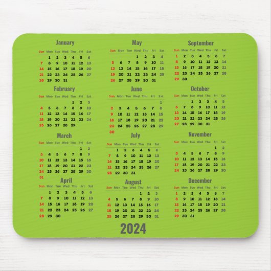 2024 Geel Groen 52 Weken Kalender Muismat (Voorkant)