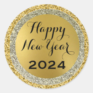 2024 Gelukkig Nieuwjaar, Gouden Metallic Sparkles  Ronde Sticker