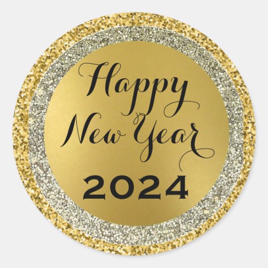 2024 Gelukkig Nieuwjaar, Gouden Metallic Sparkles  Ronde Sticker (Voorkant)