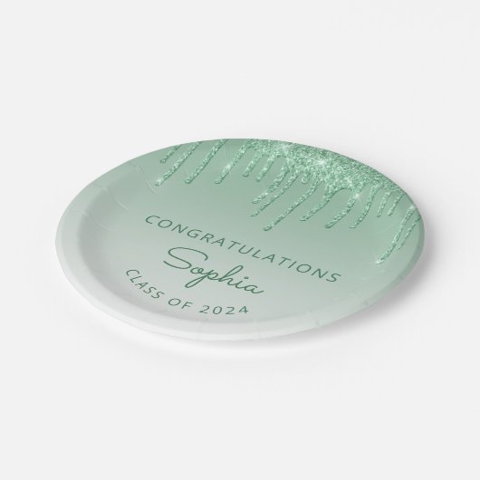 2024 Gepersonaliseerd groen Glitter Drip Afstudere Papieren Bordje (Gekanteld)