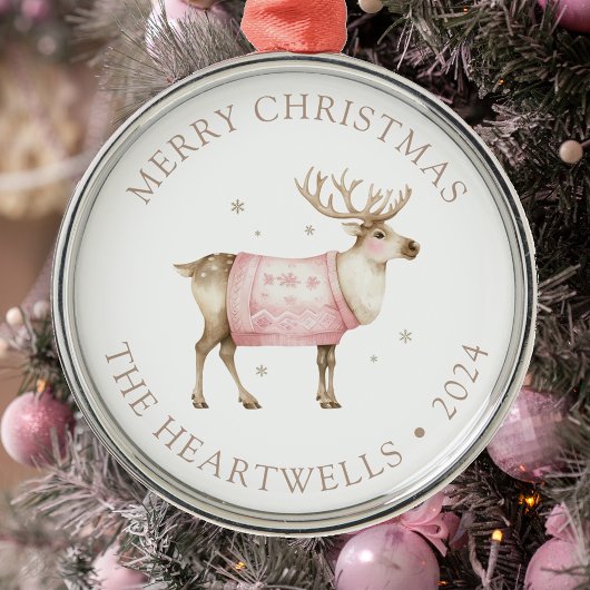 2024 gepersonaliseerd roze rendier vrolijk kerstfe metalen ornament