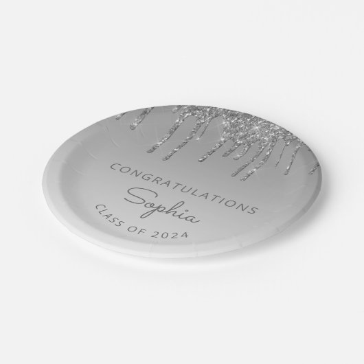 2024 Gepersonaliseerd Silver Glitter Drip Afstuder Papieren Bordje (Gekanteld)