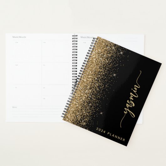 2024 gepersonaliseerde zwart gouden glitter planner (Display)
