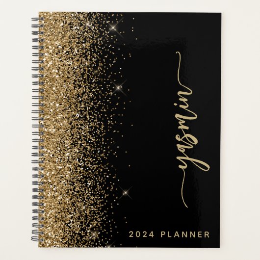 2024 gepersonaliseerde zwart gouden glitter planner (Voorkant)