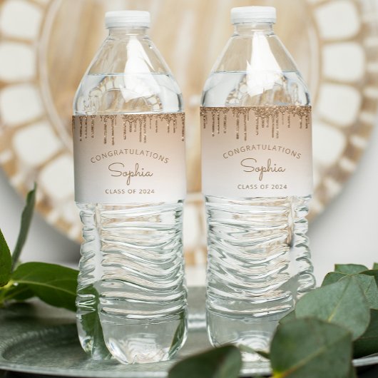 2024 Gold Glitter Drip Graduation Party Waterfles Etiket