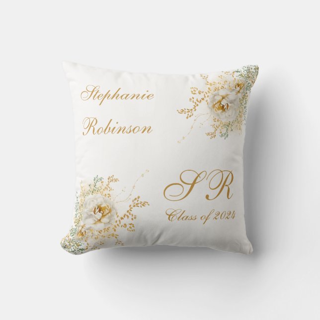 2024 Goud Bloemen Monogram Afstuderen Gift Kussen (Voorkant)