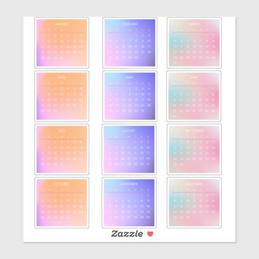 2024 Gradiënt Volledig Jaar Maandelijkse Kalender Sticker (Vel)