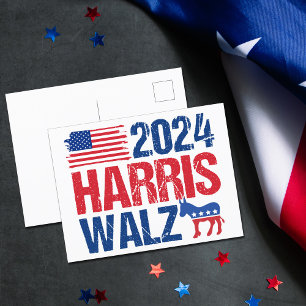 2024 Harris Walz Democraat Donkey Verkiezing Briefkaart