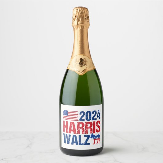 2024 Harris Walz Democraat Donkey Verkiezing Sparkling Wijnetiket (Voorkant)