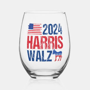 2024 Harris Walz Democraat Donkey Verkiezing Wijnglas Zonder Voet