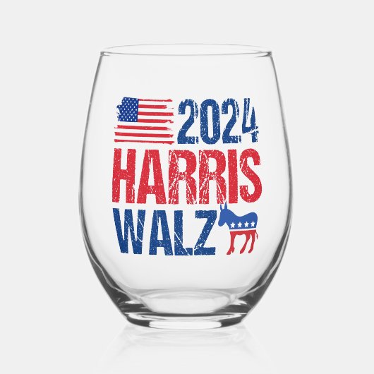 2024 Harris Walz Democraat Donkey Verkiezing Wijnglas Zonder Voet (Voorkant)