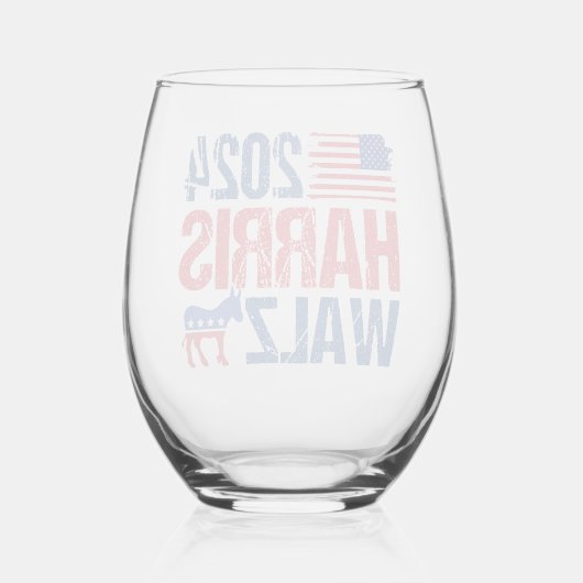 2024 Harris Walz Democraat Donkey Verkiezing Wijnglas Zonder Voet (Achterkant)