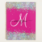 2024 Heet Roze Iridescent Glitter Monogram Planner (Voorkant)