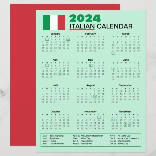 2024 Italiaans Kalender met Feestdagen | Kalender (Voorkant / Achterkant)