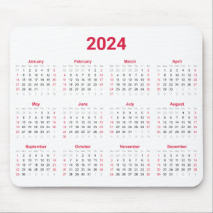 2024 Jaar in een oogopslag Rode en witte kalender Muismat