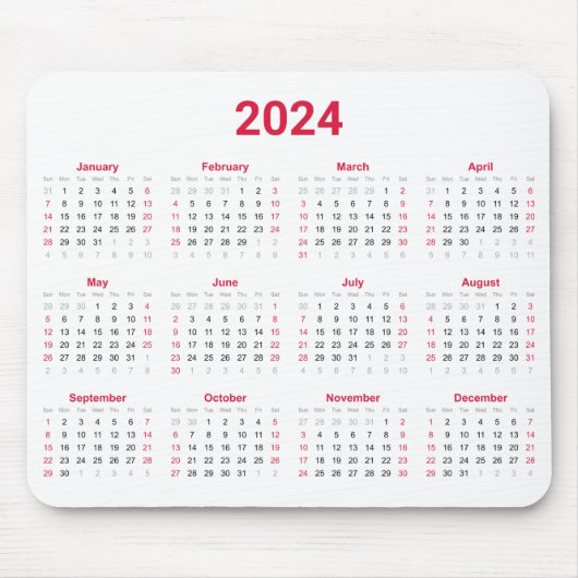 2024 Jaar in een oogopslag Rode en witte kalender Muismat (Voorkant)