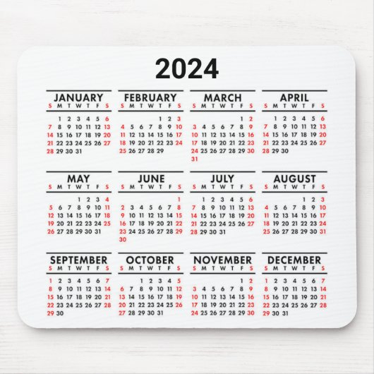 2024 Jaar in een oogopslag Rood, Zwart & Wit Kalen Muismat (Voorkant)