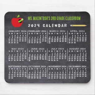 2024 Jaar Kalender Chalkboard School Docent Naam Muismat
