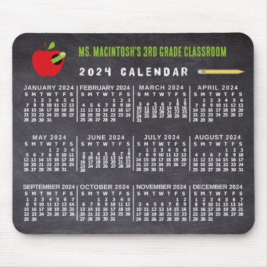 2024 Jaar Kalender Chalkboard School Docent Naam Muismat (Voorkant)