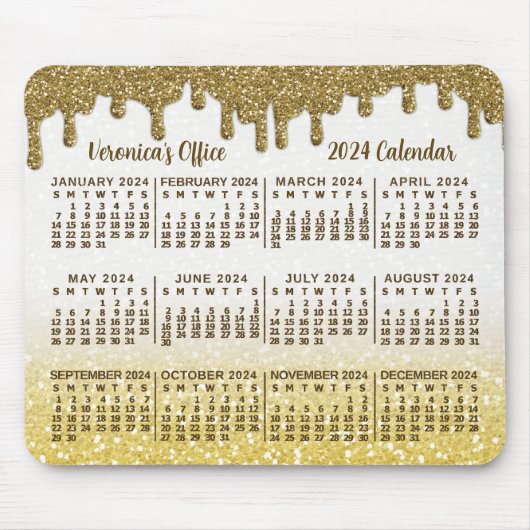2024 Jaar Kalender Faux Gold Glitter Drips Custom Muismat (Voorkant)