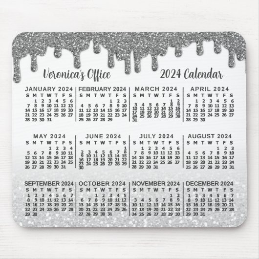 2024 Jaar Kalender Faux Zilver Glitter Drips Naam Muismat (Voorkant)