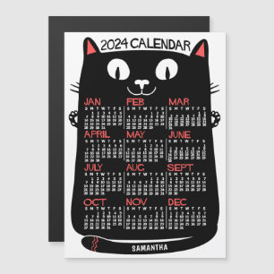 2024 Jaar Kalender Mid-Century Black Cat Maandelij Magnetische Uitnodiging