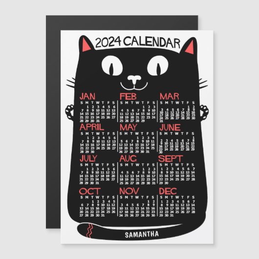 2024 Jaar Kalender Mid-Century Black Cat Maandelij Magnetische Uitnodiging (Voorkant / Achterkant)