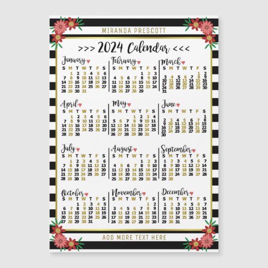 2024 Jaar Kalender Zwart Streep Bloemen Naam Magne (Voorkant)