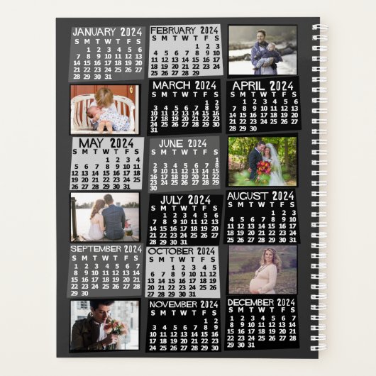 2024 Jaar Maandelijkse Kalender 12 Fotocollage Zwa Planner (Achterkant)