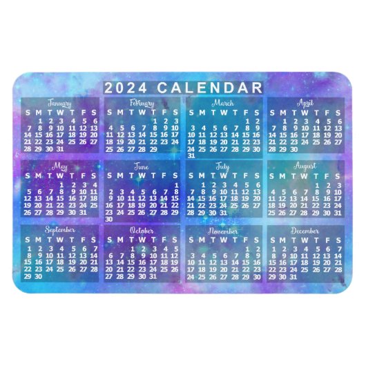 2024 Jaar Maandelijkse Kalender Blauwe Waterverf S Magneet (Horizontaal)