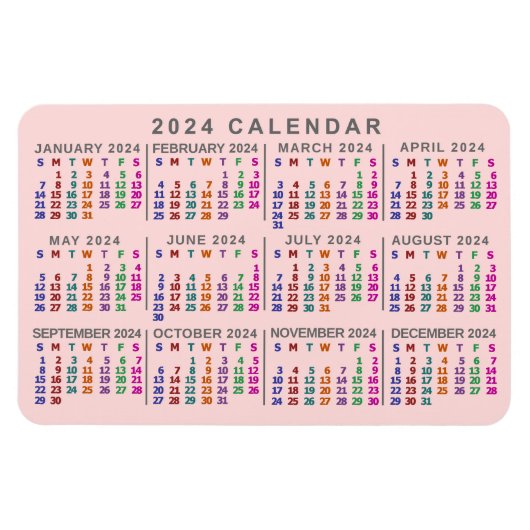 2024 Jaar Maandelijkse Kalender Blush Roze Kleurri Magneet (Horizontaal)