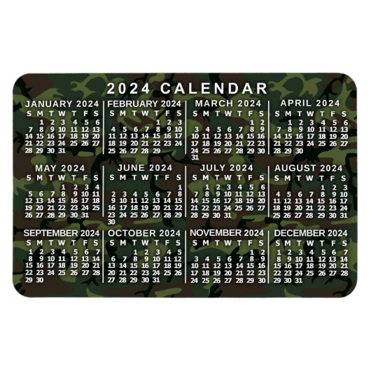 2024 Jaar Maandelijkse Kalender Camouflage Camo Gr Magneet (Horizontaal)