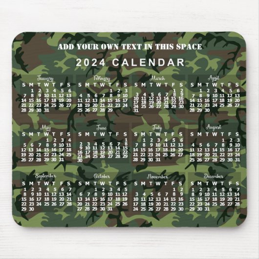 2024 Jaar Maandelijkse Kalender Camouflage Camo Gr Muismat (Voorkant)