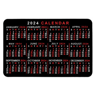 2024 Jaar Maandelijkse Kalender Classic Zwart Rood Magneet