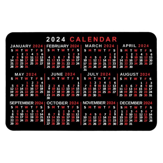 2024 Jaar Maandelijkse Kalender Classic Zwart Rood Magneet (Horizontaal)