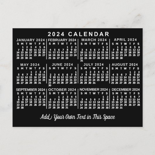 2024 Jaar Maandelijkse Kalender Classic Zwart-wit Briefkaart (Voorkant)