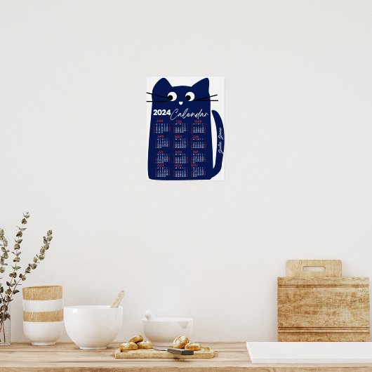 2024 Jaar Maandelijkse Kalender Mid-Century Blue C Poster (Keuken)